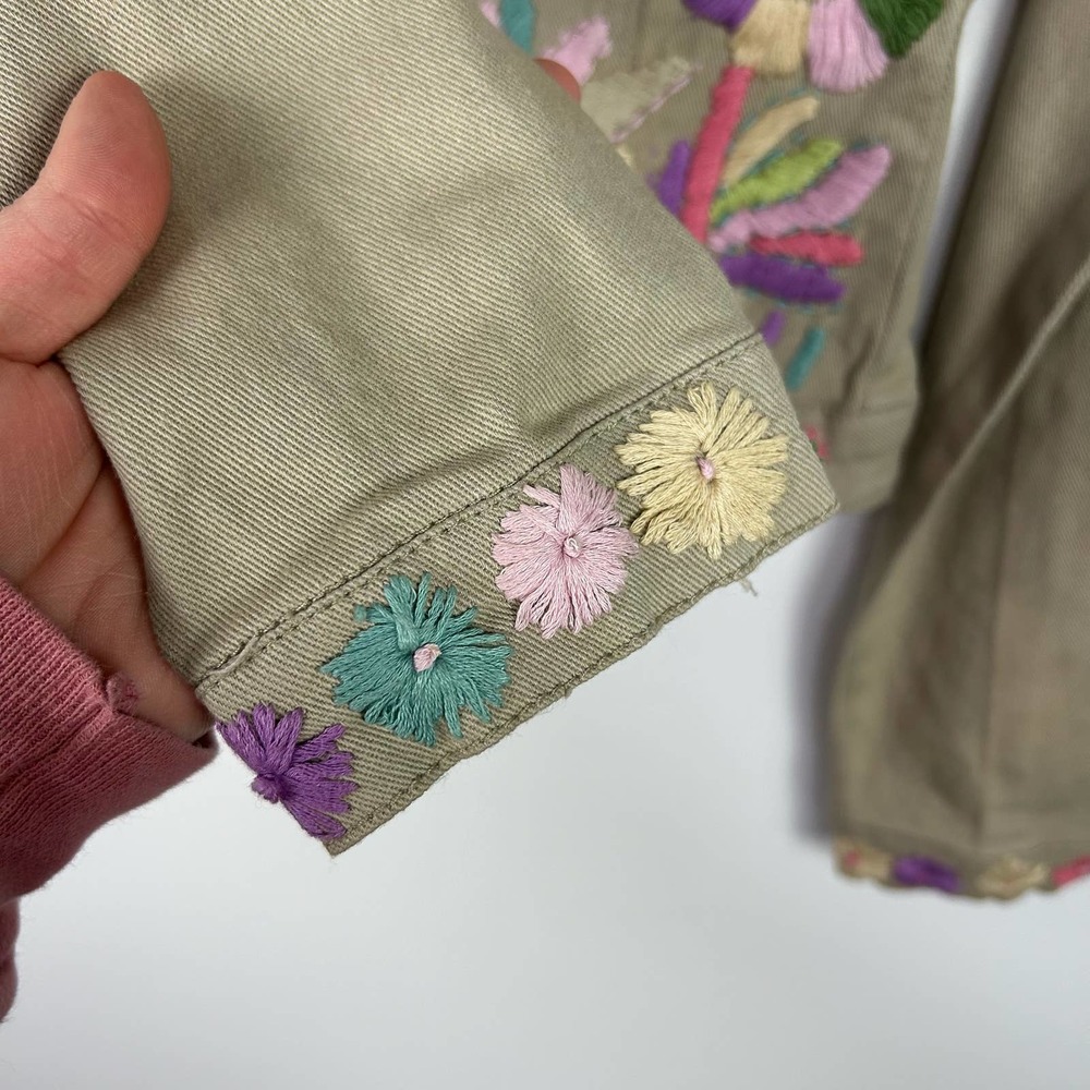 NEW Antica Sartoria Tan Denim Jacket Embroidered Flowers Size 2 - Picture 4 of 11